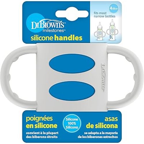 Dr. Brown's Narrow Baby Bottle Handles, 100% Silicone, Easy Grip Removable Handles for Bottle to Sippy Cup Transition, Gray, 4m+