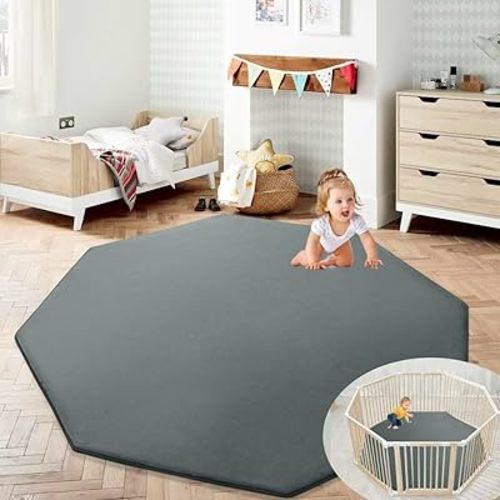 HOMBYS Memory Foam Baby Play Mat Extra Thick for Playpen, 61x61 Portable Octagon Playpen Mat for Kids, Toddler Crawling & Play, Super Soft Velvet with Non-Slip Backing Baby Playpen Mat(Dark Grey)