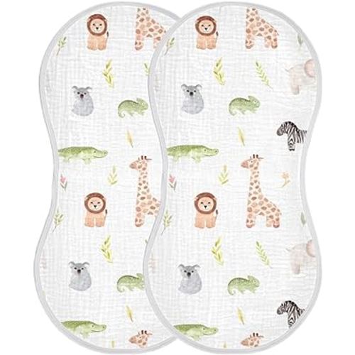 Muslin Baby Burp Cloths Set of 2, Soft Absorbent Safari Animals Muslin Washcloths, Bibs, Face Towel for Newborn Boys Girls, 22 x 11 Inch