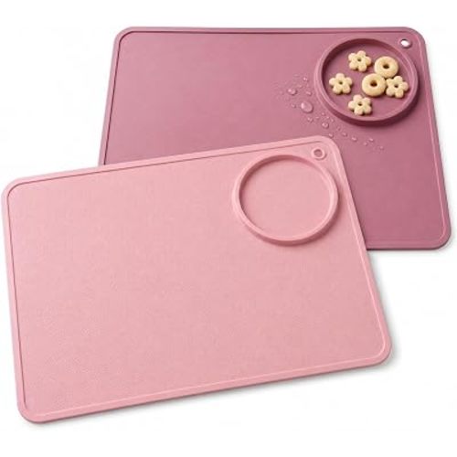 2 Pack Silicone Baby Placemats with Built-in Bowl, 14" x 10" Large Textured Toddler Feeding Mats for Self-Feeding, Food-Grade Silicone, BPA Free, Dishwasher Safe, Easy to Clean
