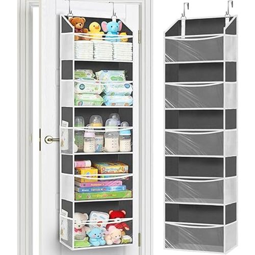 Ofiray-home Over Door Organizer with 5 Large Pockets, 5 Transparent Front Pockets & 10 Mesh Side Pockets, 50 lbs Weight Capacity Hanging Storage for Toys, Shoes, Diapers, Pantry – Grey