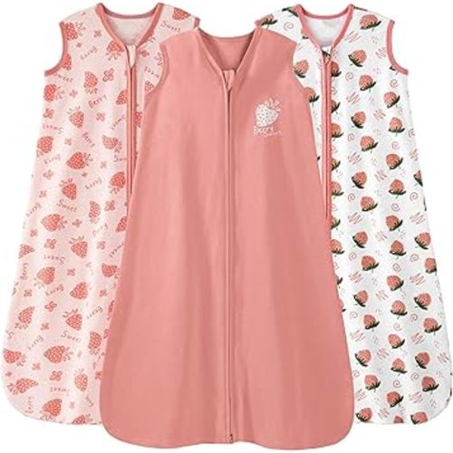 Baby Sleep Sack 6-12 Months 0.5 Tog Wearable Blanket Baby, 3 Pack 100% Cotton Lightweight Sleeping Sack with 2-Way Zipper for Newborn Infant Strawberry