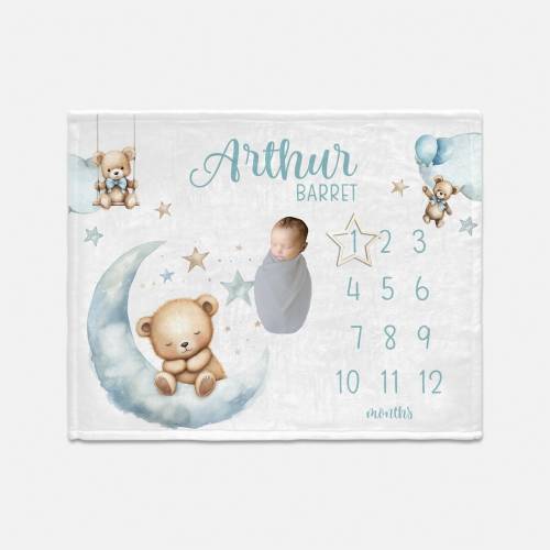 Bear Moon Baby Milestone Blanket, Milestone Blanket, Bear Baby Blanket, Blue Moon Boy Milestone Blanket, Lullaby Bear Blanket G70