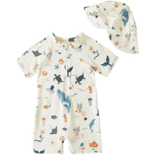 WYTbaby Baby Rash Guard Swimsuit Boy Girl with Sun Hat Infant Short Sleeve One Piece Zipper Sunsuit Toddler Swimwear