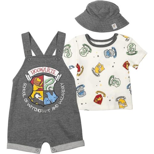 Harry Potter Hermione Hedwig Ron Weasley Baby French Terry Short Overalls T-Shirt & Hat 3 Piece Outfit Newborn to Infant