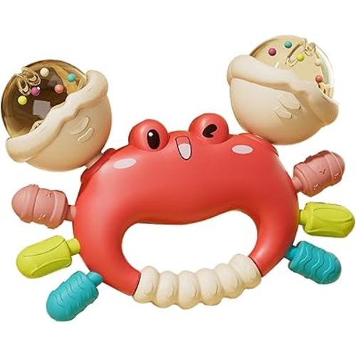 Baby Crab Rattle Toy- ABS Safe Toy for 0-6 Months Baby,Handheld Crab Shaped Toy for 6-12 Months, Early Education Grip & Smart Gift for Newborn Boys and Girls (Red)