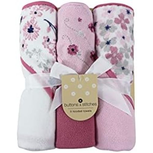 Cudlie Buttons & Stitches Baby Girl 3 Pack Rolled/Carded Hooded Towels in Crisp Blossom Print (GS71728)