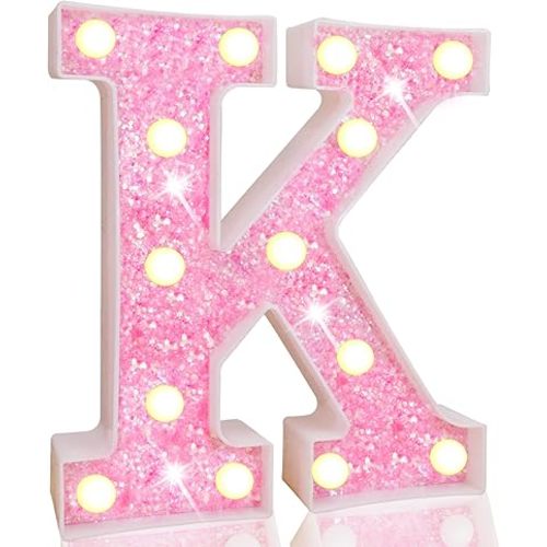 Pooqla LED Marquee Letter Lights, Light Up Pink Letters Glitter Alphabet Letter Sign Battery Powered for Night Light Birthday Party Wedding Girls Gifts Home Bar Christmas Decoration, Pink K
