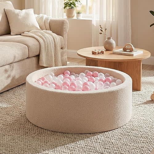 Baby Teddy Fleece Foam Ball Pit — Ultra-Soft Toddler Play Ball Pit, Suitable for Indoor/Outdoor Use and Playpens — Birthday Gift for Boys and Girls Aged 1–3 — Includes 100 Transparent Pink Balls