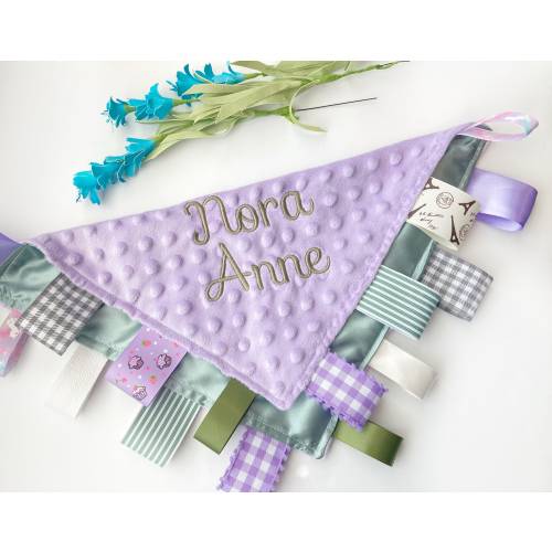 Satin and minky sensory Blanket lovey with ribbon tags and personalize option, baby shower gift for boy or girl 12" size with color choices