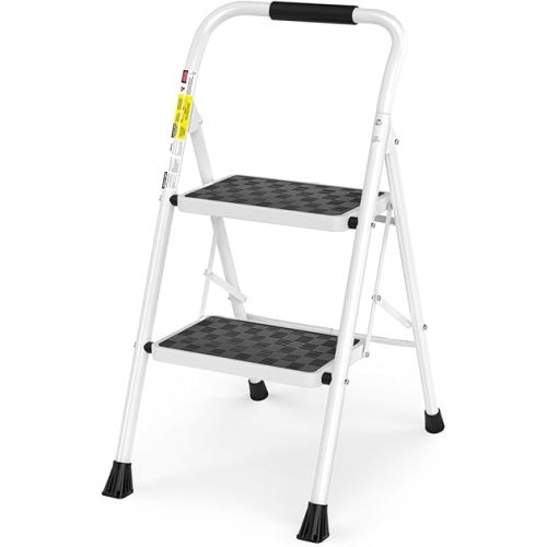 HBTower Step Ladder, Folding Step Stool with Wide Anti-Slip Pedal, Sturdy Steel Ladder, Convenient Handrail, Lightweight, Portable Steel Step Stool