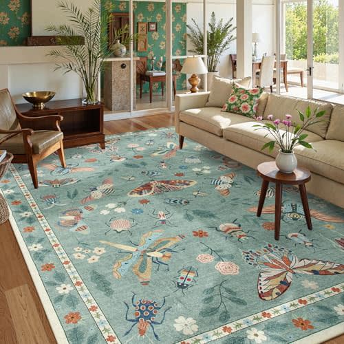 Lahome Insect 9x12 Area Rugs for Living Room Bedroom, Soft Washable Rugs 9x12 Stain Resistant, Ultra-Thin Non-Slip Non-Shedding Accent Carpet for Dining Room Office, Green