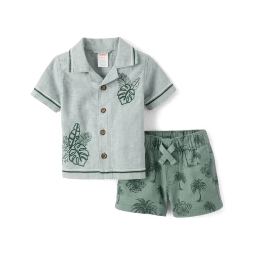 Baby Boys Embroidered Tropical Leaf Linen-Blend 2-Piece Outfit Set - Amalfi Coast - green