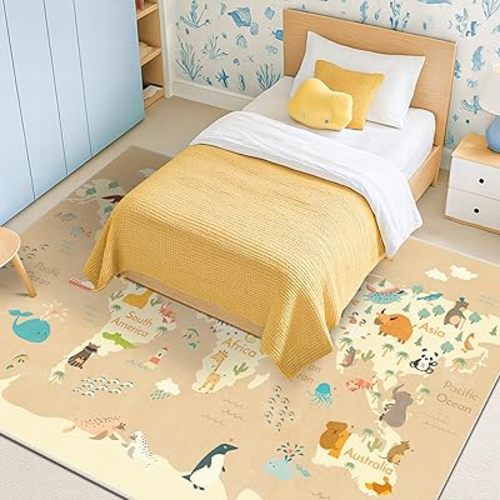 6x9 Toddler Rugs for Bedroom - Large Kids Room Rug with Animal & Educational World Map Play Mat - Washable, Non-Slip, Stain Resistant, Soft & Safe for Baby, Playroom Essentials - Beige