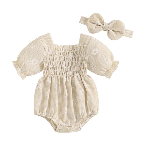 Douhoow Baby Girl Plaid Romper Flying Sleeve Baby Bubble Romper Ruffle Baby Bodysuit Spring Summer Clothes with Headband