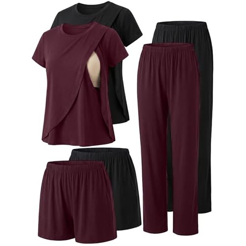 Winvote 6 PCS Maternity Pajamas Nursing 2 Set Postpartum Breastfeeding Short Sleeve Shirts, Pregnancy Shorts & Pants