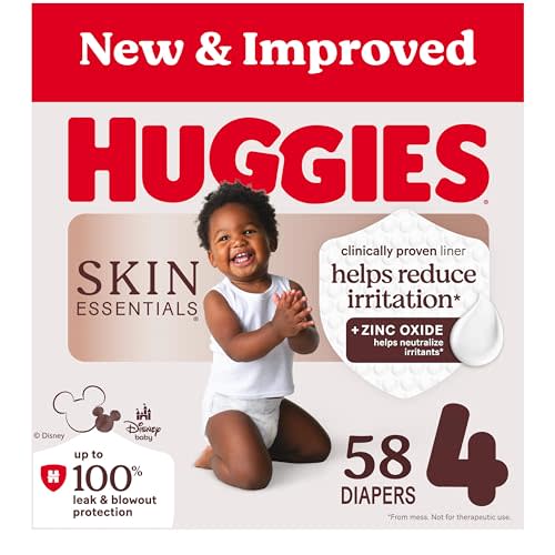Huggies Size 4 Diapers, Skin Essentials Baby Diapers, Size 4 (22-37 lbs), 58 Count