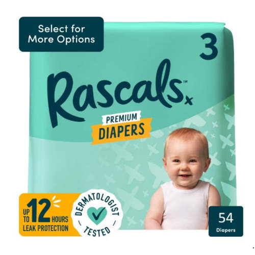 Rascals Premium Absorbent Baby Diapers Size 3, 54Count