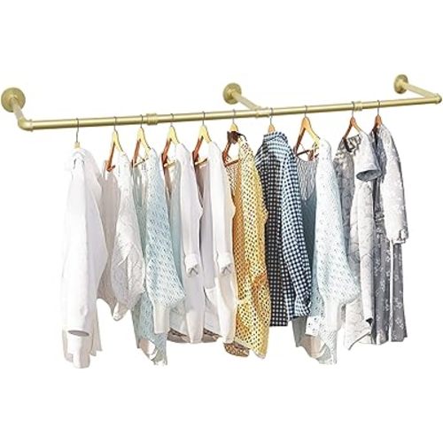72inch Gold Wall Mounted Clothes Rack, Industrial Pipe Garment Rack Hanging Rod Bar for Closet Storage,Laundry Room Up to Max Load 135lbs(Gold)