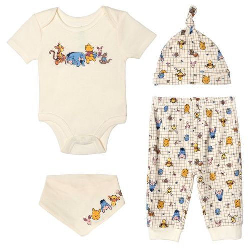 Disney Winnie the Pooh Baby Boy or Girl 4-Piece Short Sleeve Bodysuit Jogger Pants Bandana Bib and Top Knot Hat Set Tusk 0-3 Months