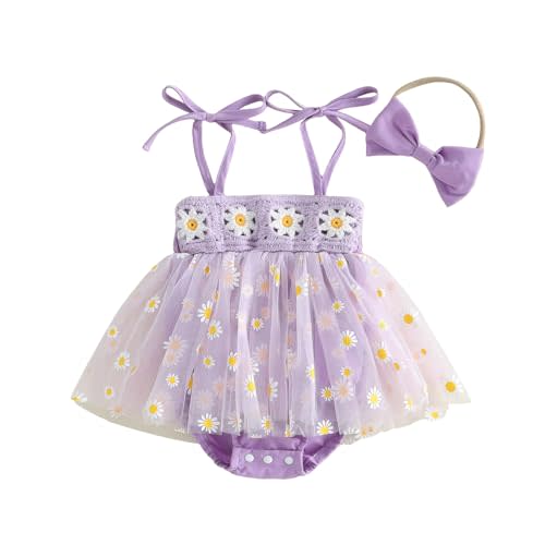 Baby Girl Tulle Daisy Fairy Princess Dress Crochet Romper Dress Infant Newborn Party Holiday Outfit with Headband