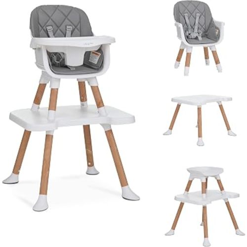 Dream On Me Luna 4-in-1 Convertible High Chair – Transforms into a Booster & Toddler Seat, Then into a Toddler Chair & Table, 5-Point Safety Harness, Adjustable Tray, Anti-Skid Padded Feet – Cool Gray
