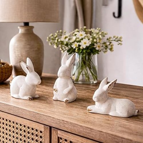 3 Pcs White Ceramic Bunny Figurines – Easter Bunny Decor