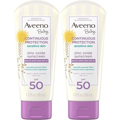 Aveeno Baby Continuous Protection Zinc Oxide Mineral Sunscreen Lotion for Sensitive Skin,Broad Spectrum SPF 50,Tear-Free,Sweat- & Water-Resistant,Paraben-Free,Travel-Size,3 fl. oz,(Pack of 2)