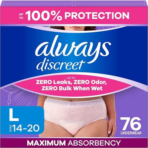 Always Discreet Adult Diapers for Women, Incontinence Underwear, Postpartum Essentials, Disposable Briefs, Max Absorbency, Bladder Leak Protection, Large, 76ct