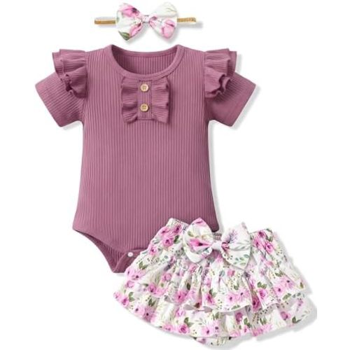 HONGTEYA Infant Baby Girl Clothes Newborn Summer Outfits Cute Romper Shorts Set Floral Girl Clothes with Headband