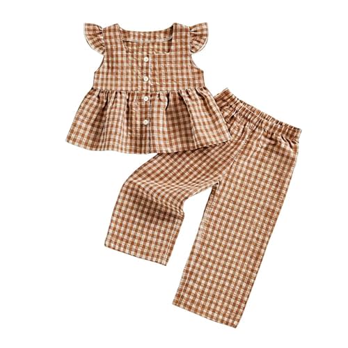 Girls Summer Outfits Baby Girls' Clothing Sets Cotton Linen Ruffle Hem Gingham 2 Piece Pantsuits Teen Girl Clothes