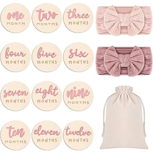 Booson 6 Pack 3D Pink Monthly Baby Milestone Announcement Sign with 2 Pack Bow Headbands Double Sided Newborn Signs Wooden Discs for Welcome Newborn Shower Boy Girl Photo Props