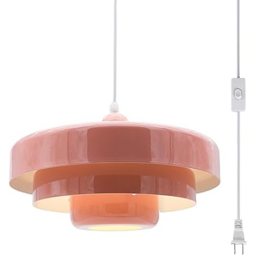 Hanging Lamp Pink Plug in Pendant Light Mid Century Modern Pendant Lamp Fixtures Nordic Hanging Light Style Pendant Lighting Metal Shade for Living Room Dining Room Bedroom Kitchen Island