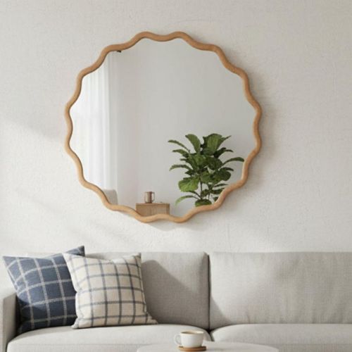 KTMBDW Natural Round Wavy Edge Mirror - 24'' Circle Wall Mirror with Wood Frame, Decorative Hanging/Leaning Mirrors for Bathroom, Bedroom, Hallway