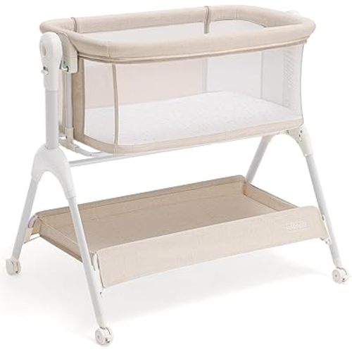 HARPPA Cuddly Rocking Bedside Bassinet for Baby, 3 in 1 Baby Bassinet with Wheels, Breathable Mesh, Adjustable Height Bedside Sleeper for Newborns, Beige