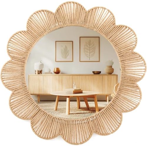Boho Scalloped Wall Mirror Decorative Flower Round Wavy Mirror with Frame Rustic Farmhouse Rattan Wicker Natural Wall Decor for Bathroom Bedroom Office (Jute,24 Inch,Scalloped)