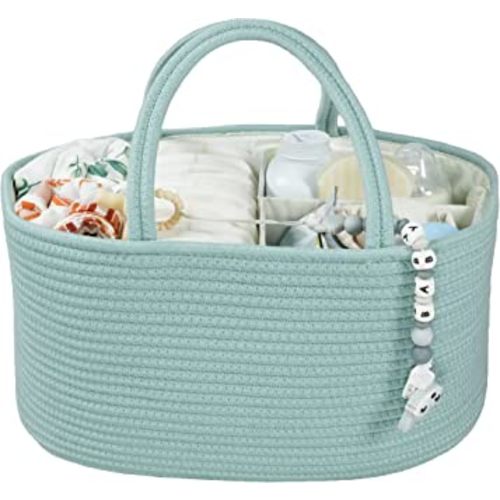 Large Baby Diaper Caddy Organizer for Girl Boy Rope Nursery Storage Bin Basket Portable Holder Tote Bag for Changing Table Car Travel Baby Shower Gifts Newborn Essentials Registry Must Have Green