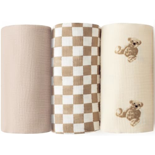 Little Jump Muslin Swaddle Blanket Baby - 40" x 47" Large Cotton Swaddling Blanket Soft Neutral 3 Pack (Coffee Checkered & Khaki & Teddy Bear)