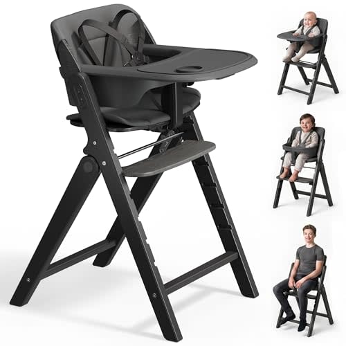 Mamazing GrowPod Pro Wooden Baby High Chair for 6 Months to 220lbs, Easy to Clean with Tray, Compact Foldable Highchair for Kitchen & Dining Room, with 5-Point Safety Harnesses and Guard Bar