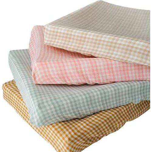 TISU Muslin Changing Pad Cover for Baby Girls Boys, Premium Soft Breathable Cotton in Gingham Pattern, Diaper Change Table Pad Cover (Beige Gingham)