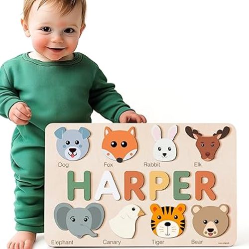 Zuzu Wooden Personalized Puzzle with Name and Animals | First Birthday Gift | Heirloom Keepsake | Educational and Fun Toy for Toddlers