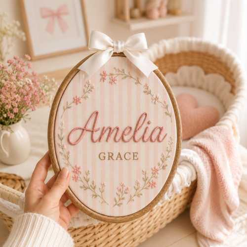 Personalized Floral Name Embroidery Hoop, Pink Gingham Nursery Decor, Baby Shower Keepsake