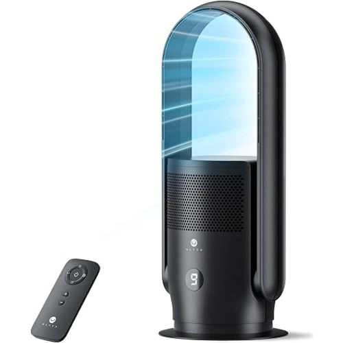 ULTTY Bladeless Tower Fan and Air Purifier Combo, Quiet Oscillating Fan with Remote & Touch Control, 9 Speeds, 8H Timer, HEPA Air Filter, Safe Floor Fan for Bedroom Home Office Black, 23.5"inch