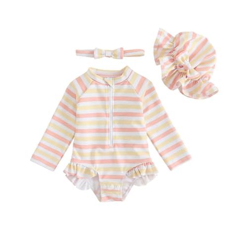FishingDino Baby Swimsuit Girl Rash Guard Newborn 0M-3T, Long Sleeve UV Infant Bathing Suit with Hat & Headband, Bottom Snaps