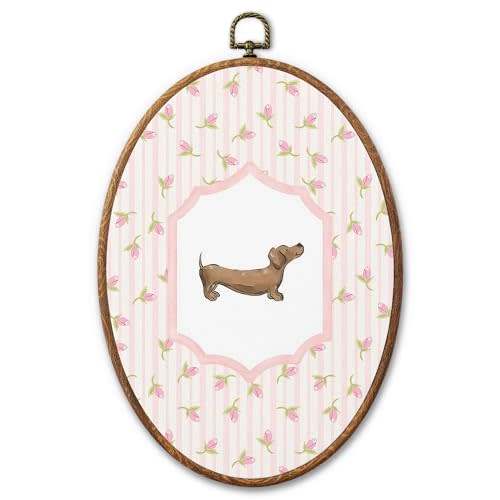 RWWNONW Vintage Dachshund Pink Floral Portrait Oval Wall Art Decor | Framed 8.3x11.6 Inch dachshund pink floral portrait, cottagecore decor for bedroom, bathroom, hallway, or gallery wall
