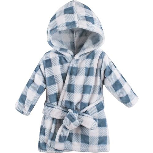 Hudson Baby Unisex Baby Plush Animal Face Bathrobe, Blue Plaid, 0-9 Months