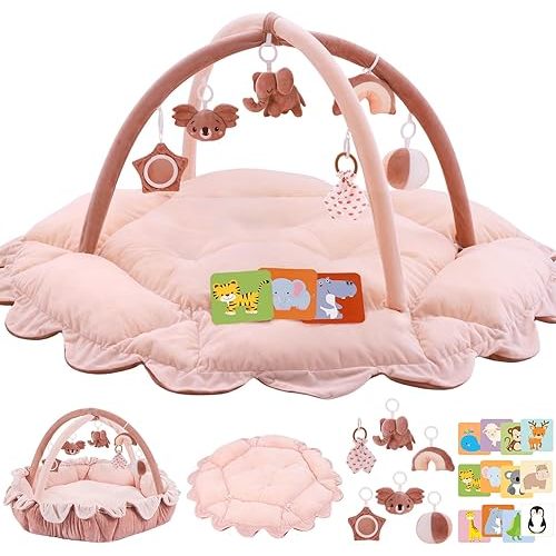 5-in-1 Plush Baby Play Gym, Activity Mat with Convertible Gym, Baby Gym 6 Sensory Toys, Play Center for Newborn to Toddler, Pink