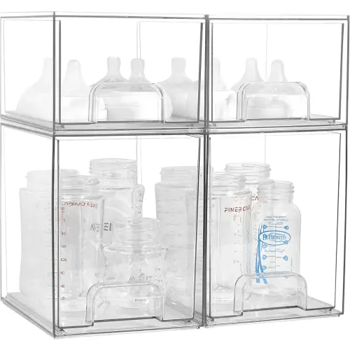 Baby Bottle Organizer, 4 Pack Clear Space-Saving Stackable Drawer with Handle, Baby Bottle Storage Organizer for Countertop and Cabinet