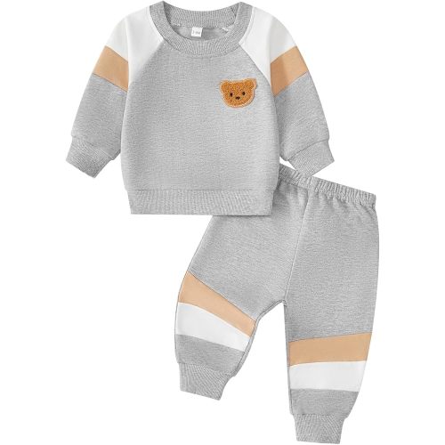 Crewneck Bear Sweatshirt Elastic Jogger Pants 2pcs