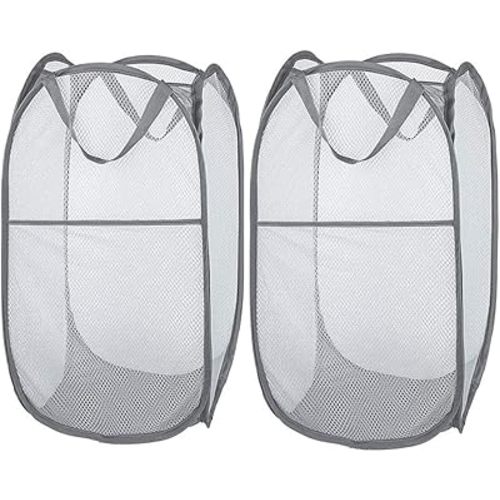Larpur 2 Pcs Popup Mesh Laundry Baskets, Collapsible and Portable Clothes Washing Laundry Hampers with Reinforced Carry Handles, Gray Clothes Hamper for Home, Travel, College Dorm